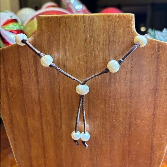 Rae Ramsey Leather and Natural Pearl (46) One of a Kind Necklace. RODEO - Picture 2 of 4